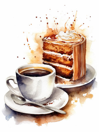 Coffee cup and cake with cream. Watercolor hand drawn illustrationの素材