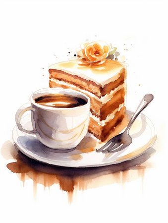 Coffee and cake on a white background. Watercolor illustrationの素材