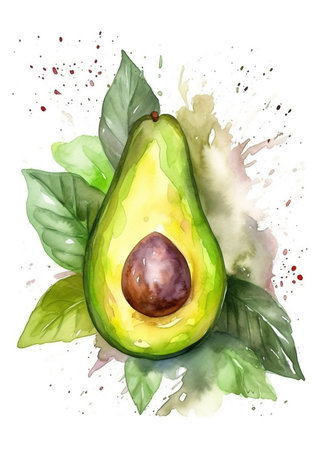 Watercolor hand drawn avocado with leaves on white background. Vector illustration.の素材