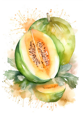 Watercolor melon illustration. Hand drawn watercolor melon illustrationの素材