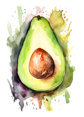 Watercolor illustration of an avocado with watercolor splashes on a white backgroundの素材
