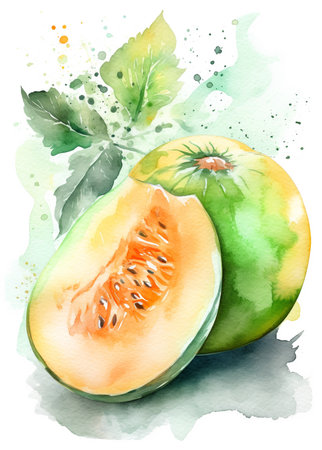 Watercolor melon on a white background. Hand-drawn illustrationの素材