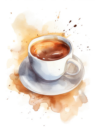 Cup of coffee with watercolor splashes, hand drawn illustrationの素材