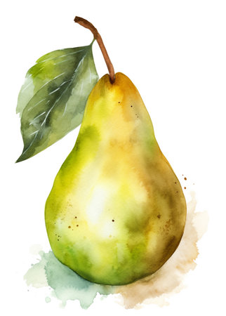Watercolor illustration of a pear with leaves on a white background.の素材