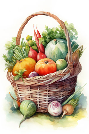 Basket of fresh vegetables, watercolor painting on a white backgroundの素材