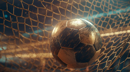 Soccer ball in goal net. Close-up of soccer ballの素材