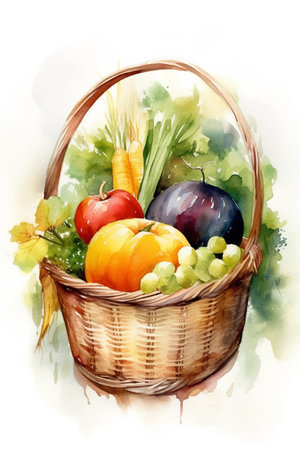 Basket with fresh vegetables and fruits. Watercolor hand drawn illustrationの素材