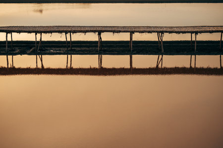 The wooden bridge in the middle of the river in the sunset Giving you a feeling of warmth,...