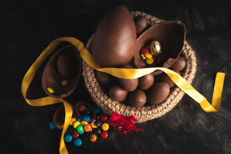 basket of chocolate Easter eggs, large and small with sprinklesの写真素材
