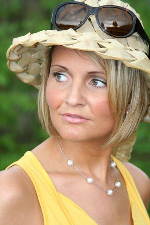 Yellow Summer girl with sun glassesの写真素材