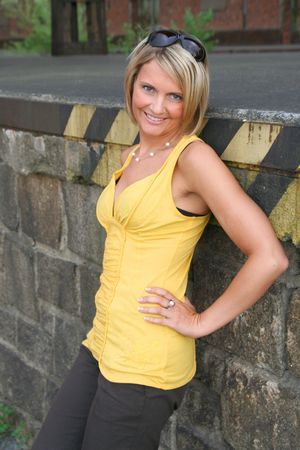 Yellow Summer girl with sun glassesの写真素材