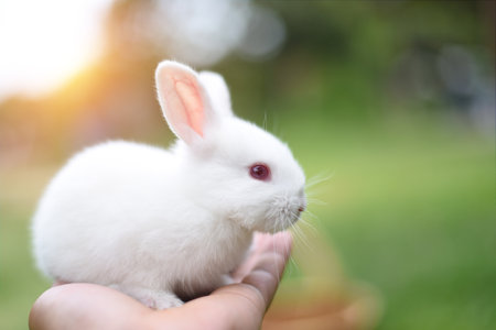 A little white rabbit with beautiful fluffy fur in human hands.beautiful white rabbit.