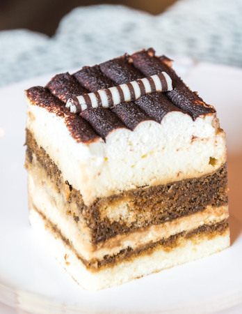 tiramisu cake on white plateの写真素材