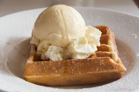 Vanilla icecream Pancake on plateの写真素材