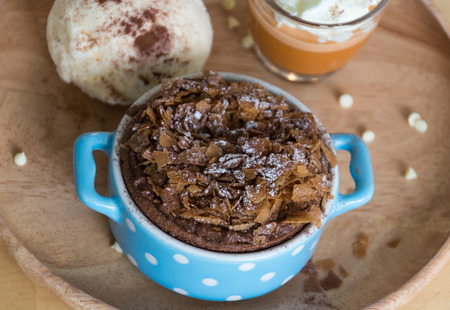 chocolate cake on wood tableの写真素材