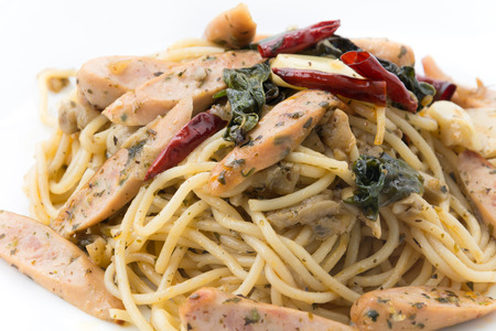 spaghetti sausage isolated on white backgroundの写真素材