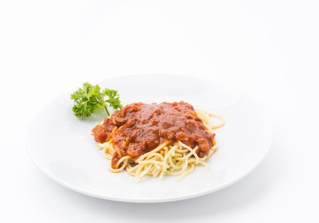 spaghetti with tomato chicken sauceの写真素材