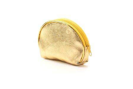 gold coin bag isolated on white backgroundの写真素材