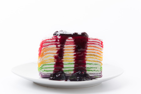Rainbow crepe cake with blueberry jamの写真素材