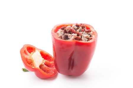 Sweet Pepper with pork isolated on white backgroundの写真素材