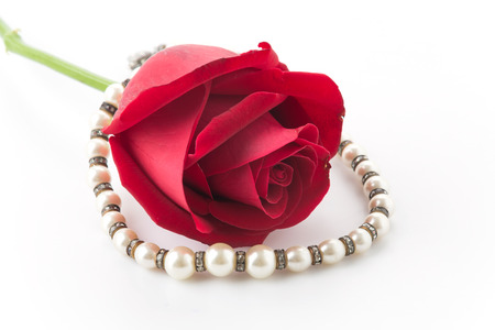 red rose and necklace  isolated on white backgroundの写真素材