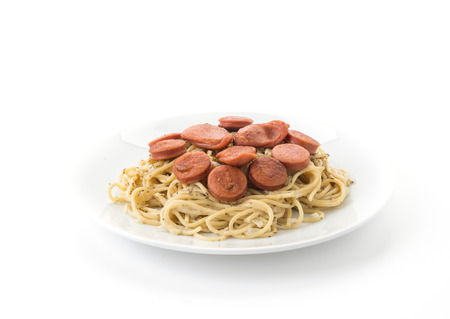 spaghetti cream sauce with sausageの写真素材