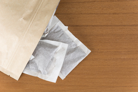 coffee bag on wood tableの写真素材