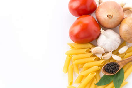 dry pasta spaghetti with ingredientの写真素材