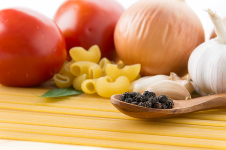 Dry pasta spaghetti with ingredientの写真素材