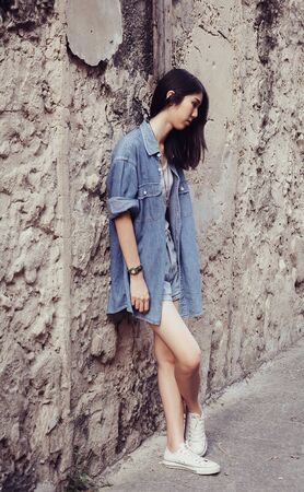 girl with vintage style and film textureの写真素材