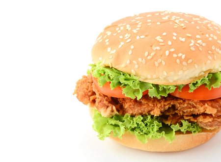crispy chicken burger on white backgroundの写真素材