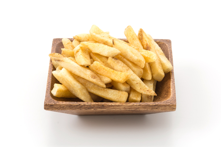 french fries on wood plateの写真素材