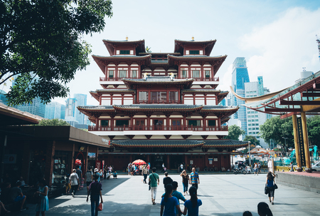 SINGAPORE - JULY 17 2015 : Buddha tooth relic temple at Chinatown on July 17, 2015 in Singapore.- with film filter effectのeditorial素材