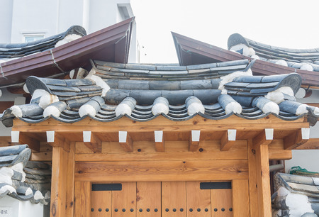Traditional Korean style architecture at Bukchon Hanok Village in Seoul, South Korea.のeditorial素材