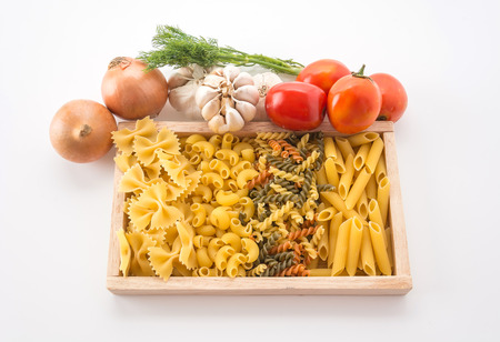 dry pasta spaghetti with ingredientの写真素材
