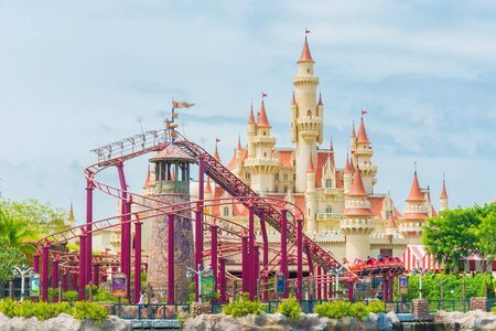 SINGAPORE-July 20 2015: beautiful castle and roller coaster in Universal Studio Singaporeのeditorial素材