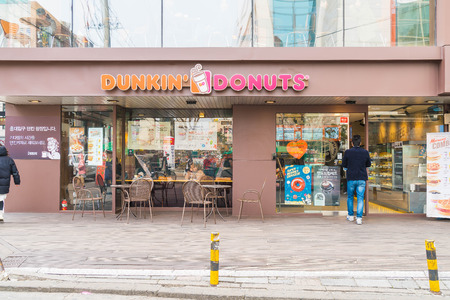Seoul, South Korea - Mar 8, 2016: Exterior of Dunkin Donuts shop in Seoul. The company is the largest coffee and baked goods franchise in the world, with 15,000 stores in 37 countriesのeditorial素材