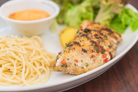 grill seabass fillet with honey tartar sauceの写真素材