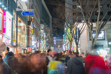 SEOUL - March 7: Myeong-Dong Neon Lights March 7, 2016 in Seoul, South Korea. The location is the premiere district for shopping in the city.のeditorial素材