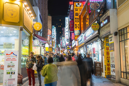 SEOUL - March 7: Myeong-Dong Neon Lights March 7, 2016 in Seoul, South Korea. The location is the premiere district for shopping in the city.のeditorial素材