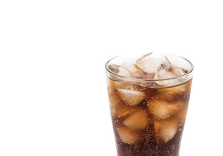glass of cola with ice on white backgroundの写真素材