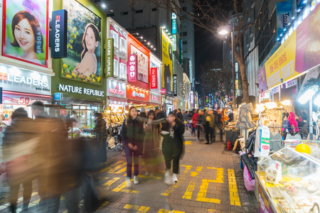 SEOUL - March 7: Myeong-Dong Neon Lights March 7, 2016 in Seoul, South Korea. The location is the premiere district for shopping in the city.のeditorial素材