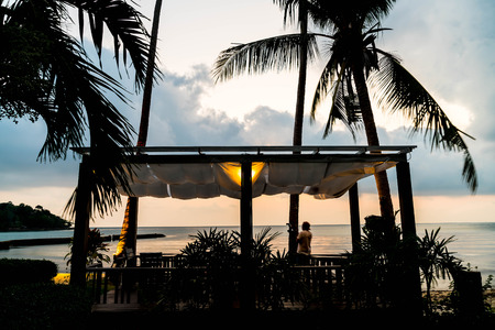 silhouette view with bower on the beachの写真素材