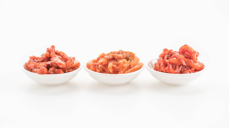 Chinese cabbage, squid and radish kimchi on white backgroundの写真素材