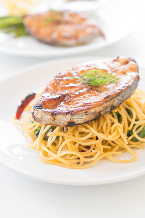 spaghetti with grilled mackerelの写真素材