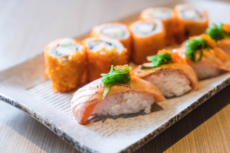 salmon sushi and salmon maki - japanese foodの写真素材