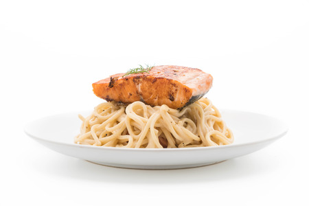 spaghetti cream sauce with grilled salmonの写真素材