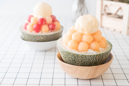 Ice melon Bingsu, famous korean ice-cream on tableの写真素材