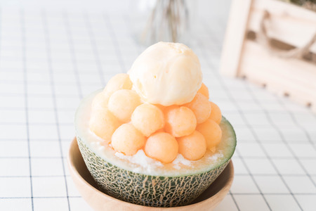 Ice melon Bingsu, famous korean ice-cream on tableの写真素材