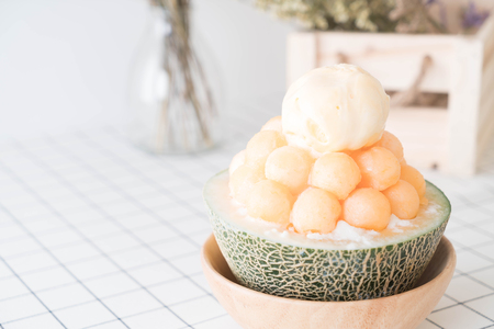 Ice melon Bingsu, famous korean ice-cream on tableの写真素材